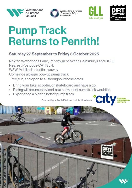 Poster advertising a Pump Track event in Penrith between 27th September and 3rd October 2025 