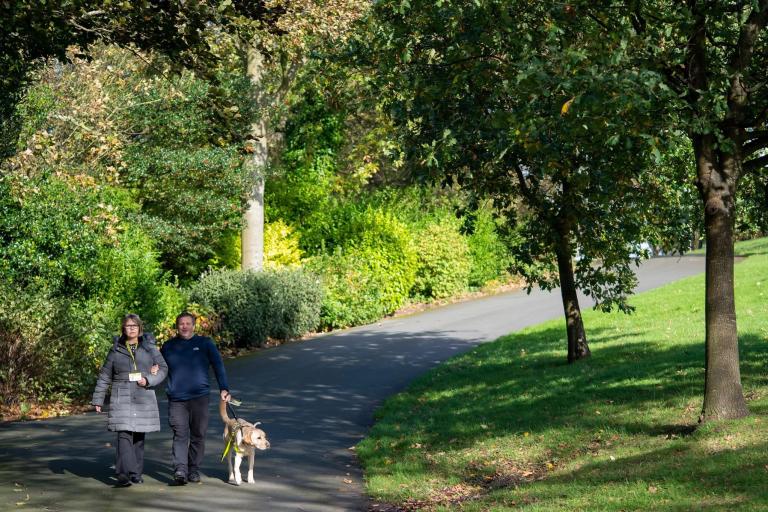 Man walking alongside a woman in a park, led by a guide dog. 