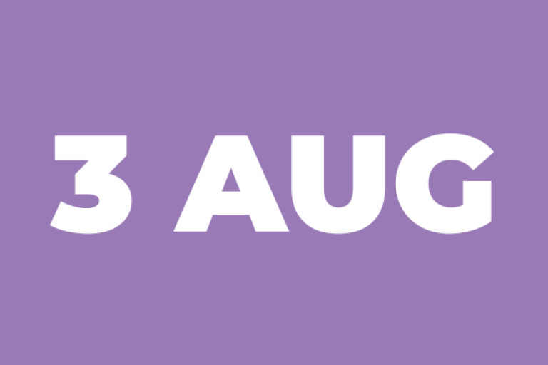A purple background with white text that reads: 3 Aug