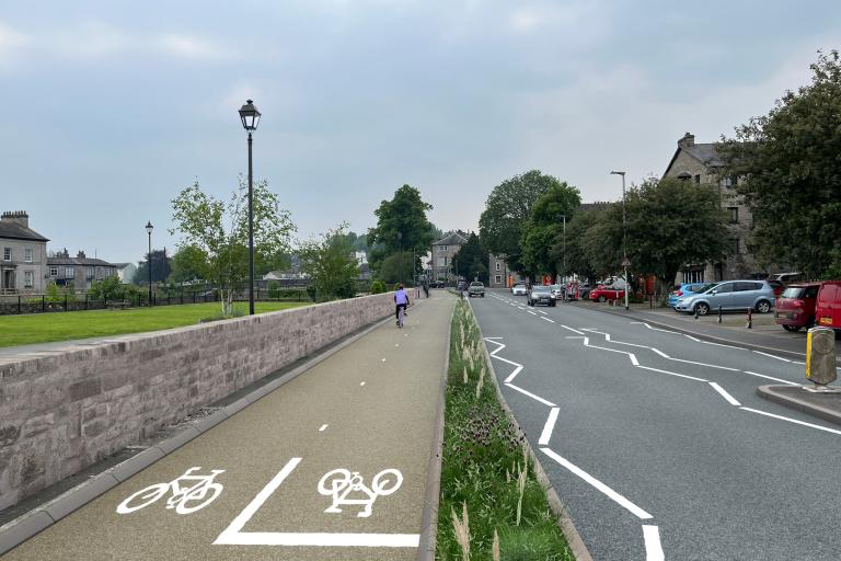 Computer visualisation of a person riding a bike down a cycleway, with a low level planting strip to the side separating cyclists from vehicles.