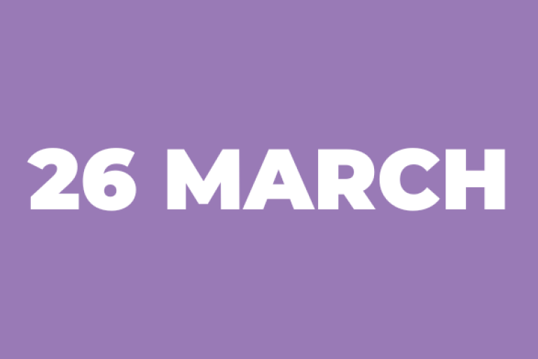 Purple background with text 26 March 
