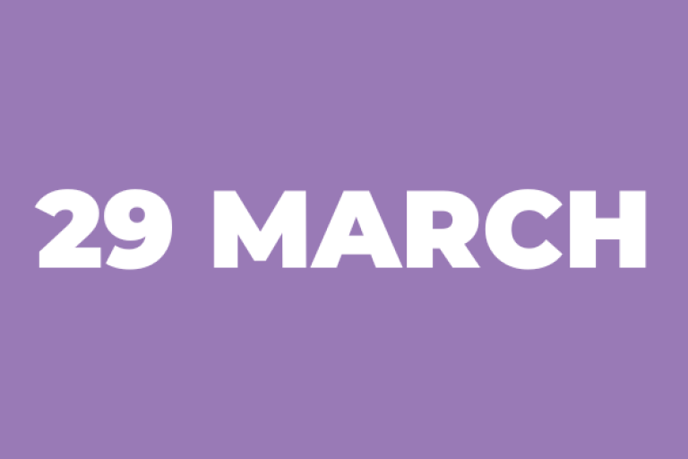 a purple text box which reads 29 March