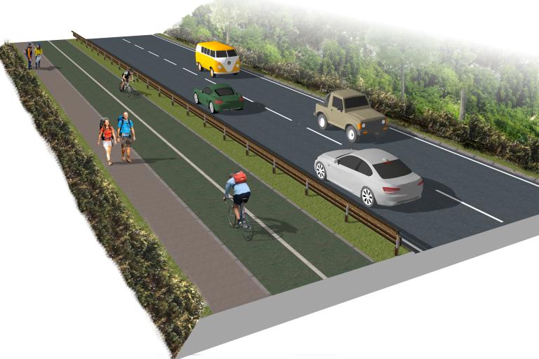 A visualisation of the proposed improvements on the A591 section. A new two way cycle track and pedestrian footway is separated from vehicle lanes by a wide grass buffer.