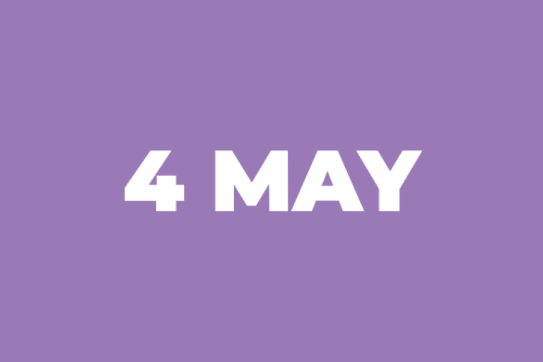 a purple box with white text which reads 4 May