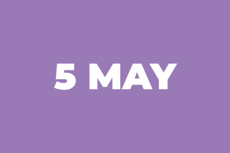 a purple box with white text which reads 5 May