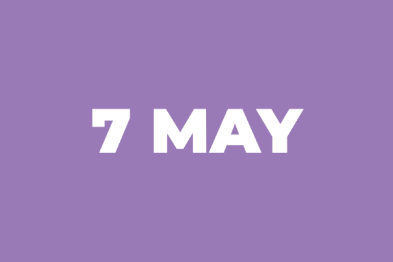 a purple box with white text which reads 7 May