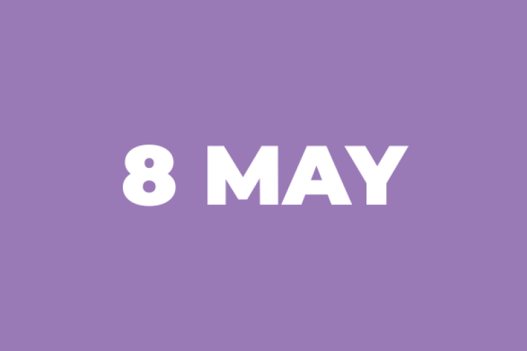 a purple box with white text which reads 8 May