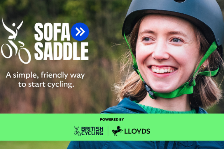 a girl wearing a cycling helmet smiling at the camera. Text displays British Cycling logo, Sofa to Saddle