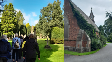 a montage showing a group of adults walking through a cemetery and a picture of a church