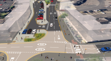 Artist's impression of the proposed junction arrangement on Sandgate and Meeting House Lane in Penrith. The image shows replacement of the double mini-roundabouts with T junctions. A zebra crossing is shown and wider pavements for pedestrians. 