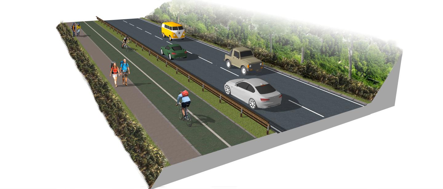 A visualisation of the proposed improvements on the A591 section. A new two way cycle track and pedestrian footway is separated from vehicle lanes by a wide grass buffer.