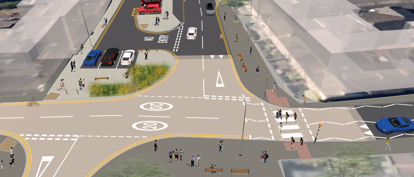 Artist's impression of the proposed junction arrangement on Sandgate and Meeting House Lane in Penrith. The image shows replacement of the double mini-roundabouts with T junctions. A zebra crossing is shown and wider pavements for pedestrians. 
